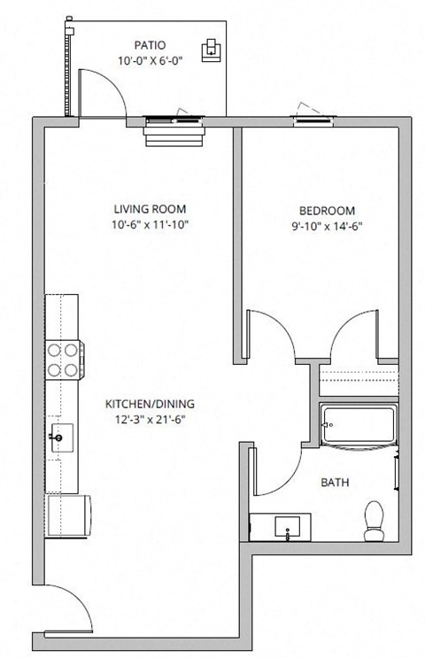 Floor plan for 1 bed, 1 bath, 708 sqft